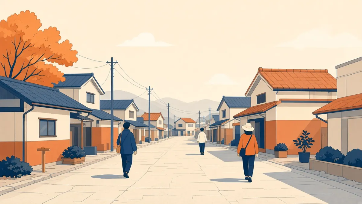 秋の町なかの通りを人が歩いていくイメージイラスト