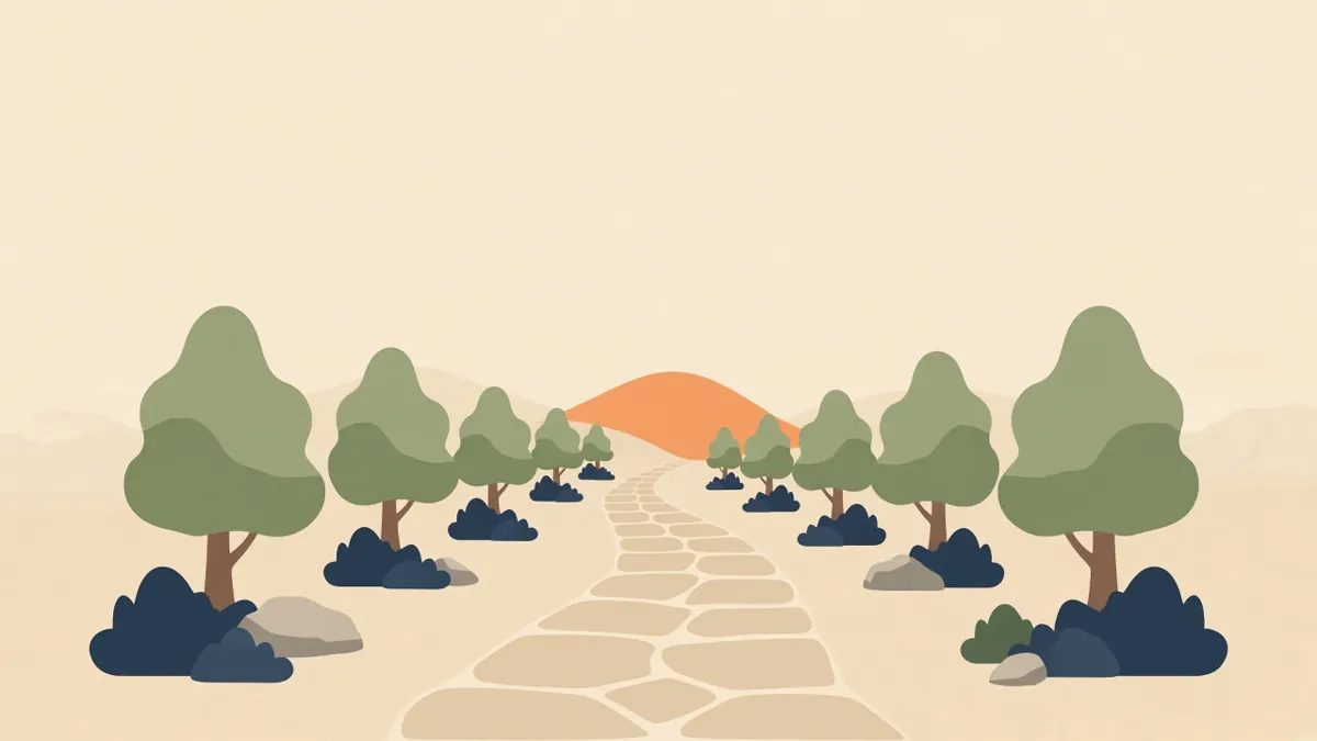 木立の間にのびる石畳の参道のイメージイラスト