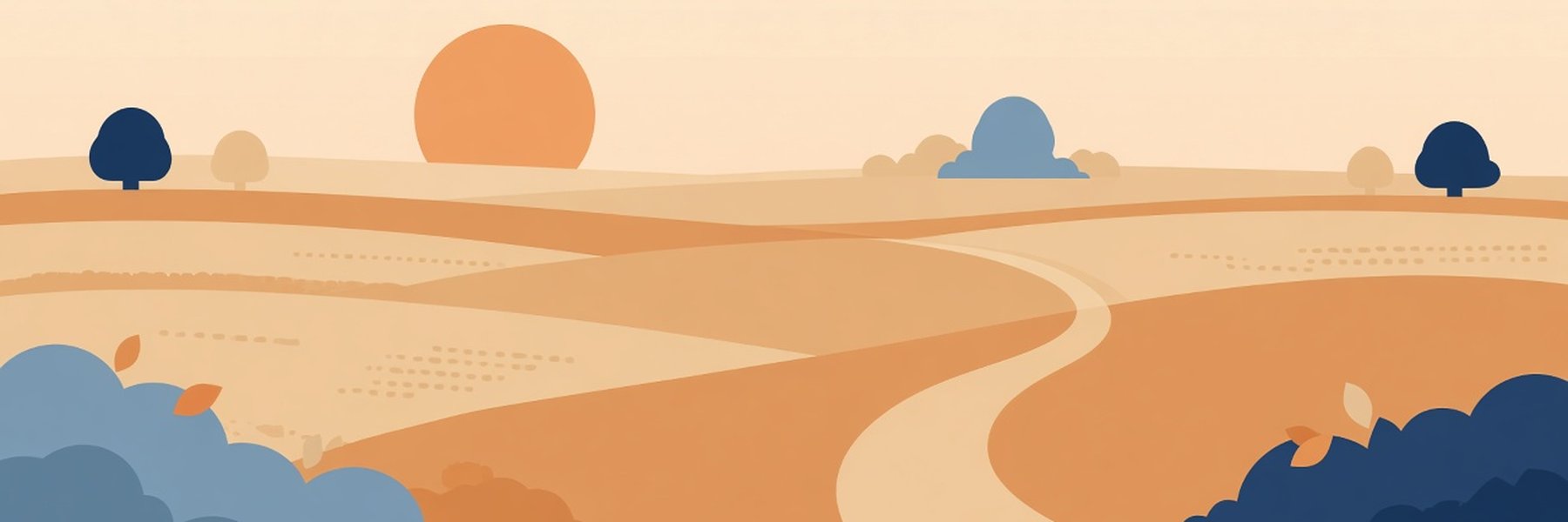 秋の夕方、夕日と田畑の間を曲がってのびる道のイメージイラスト